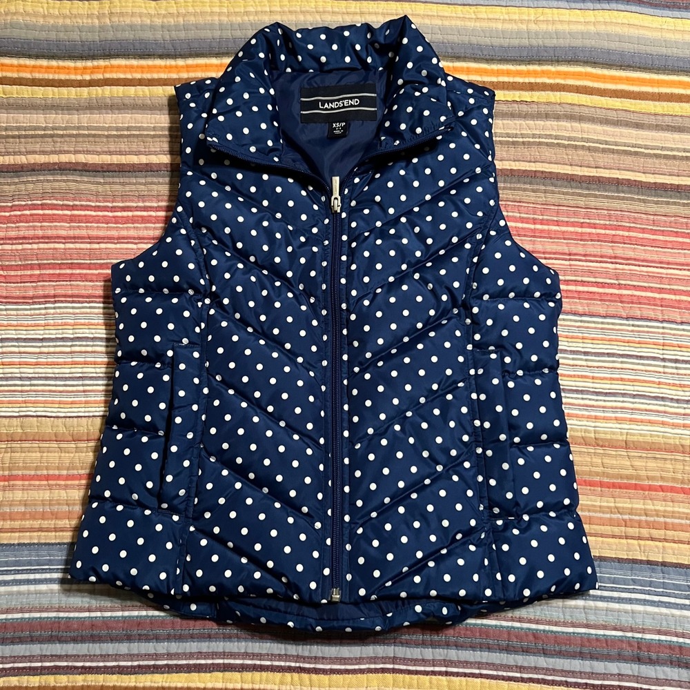 Lands End Navy Blue White Polka Dot Puffer Vest Womens XS/P 2-4 Lightweight Warm